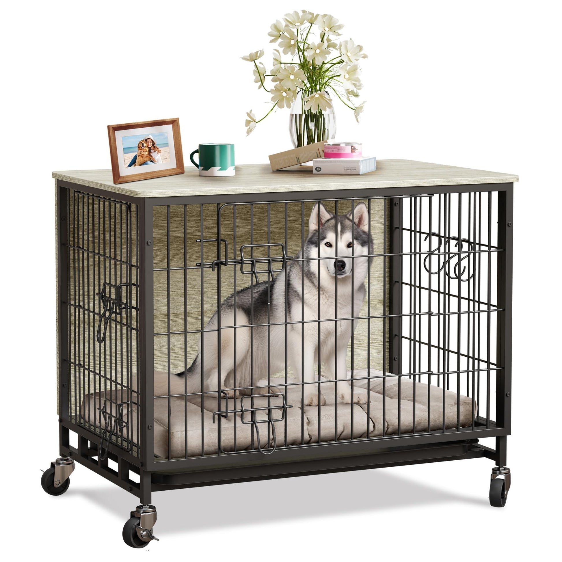 Cage pour chien Garvee 69 cm en bois avec roulettes et double porte, pour chiens de petite et moyenne taille, intérieur gris rustique
