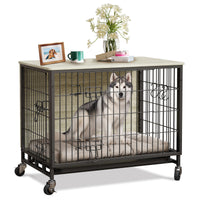 Cage pour chien Garvee 69 cm en bois avec roulettes et double porte, pour chiens de petite et moyenne taille, intérieur gris rustique