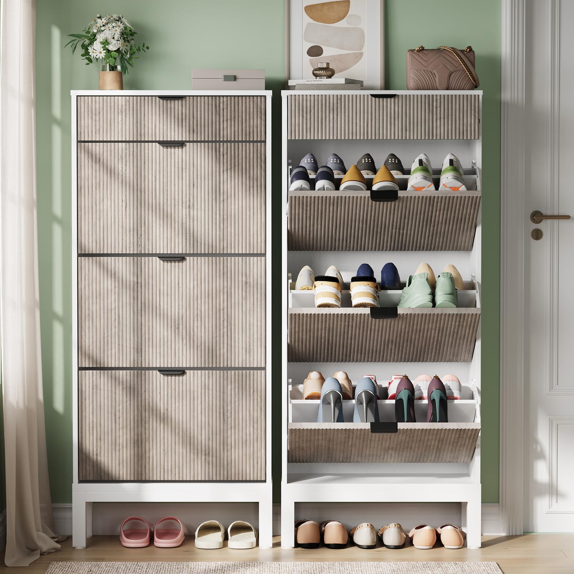 Meuble à chaussures Garvee avec 3 portes à charnières et 1 tiroir, en bois, design moderne, pieds en fer, idéal pour un couloir ou une entrée, fin, marron