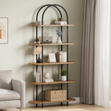 Bibliothèque arquée Garvee 71 po, 5 niveaux, structure en métal et bois, idéale pour le salon ou le bureau. Capacité de charge : 13,6 kg (30 lb). Système anti-basculement et pieds réglables.