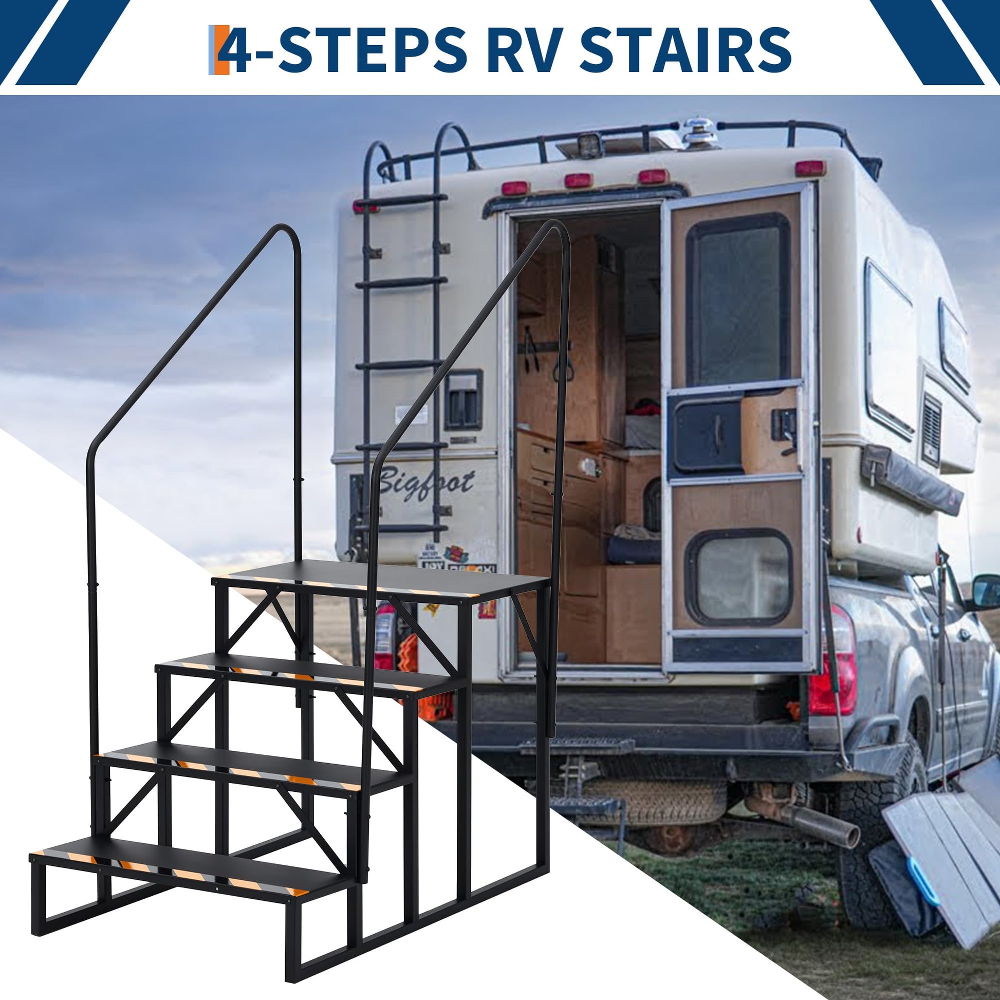 Escalier portable Garvee à 4 marches pour VR avec rampe, en acier, bandes antidérapantes pour caravanes et usage extérieur, 181 kg (400 lb), noir