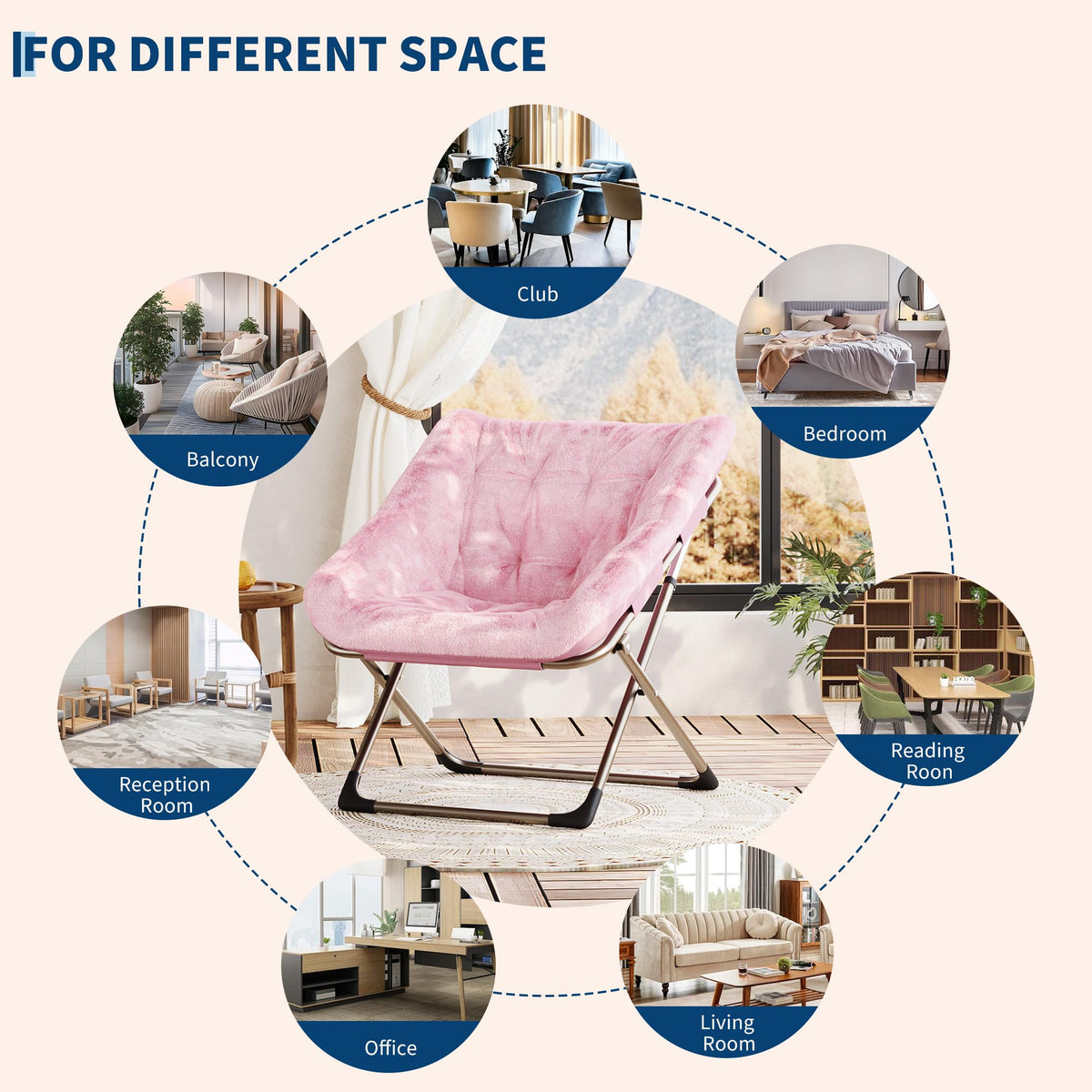 Garvee Fauteuil saucer pliable adulte en fausse fourrure, structure métallique, capacité 136 kg, idéal chambre et appartement, rose