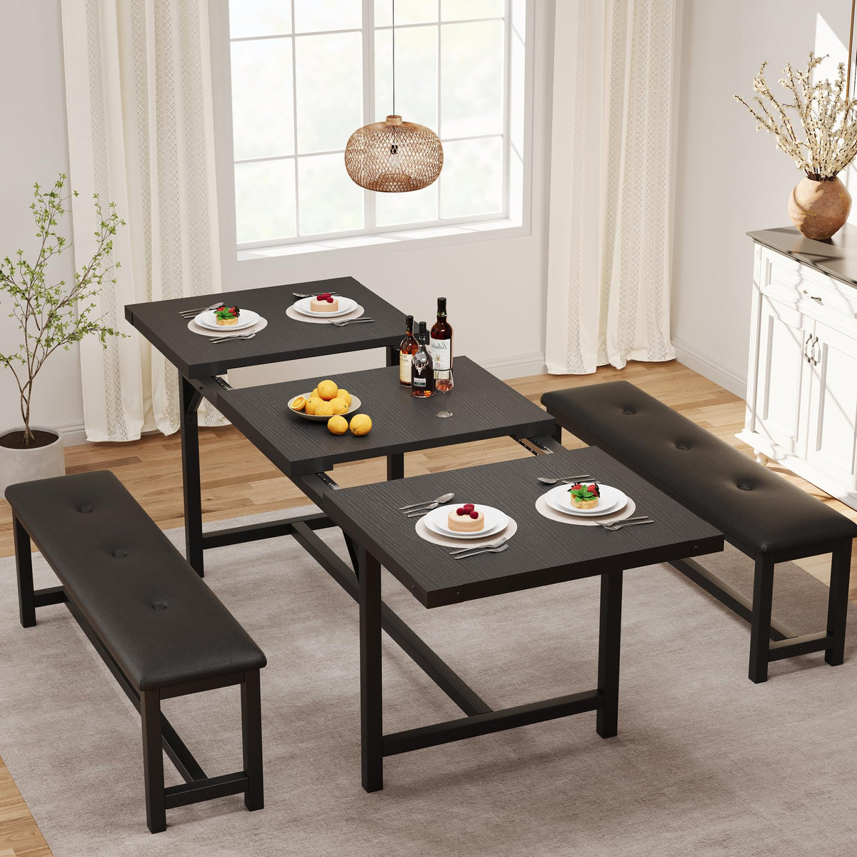 Ensemble table et chaises extensibles Garvee pour 4 à 6 personnes, 160 cm, bois, noir rétro, gain de place, stable, facile à assembler