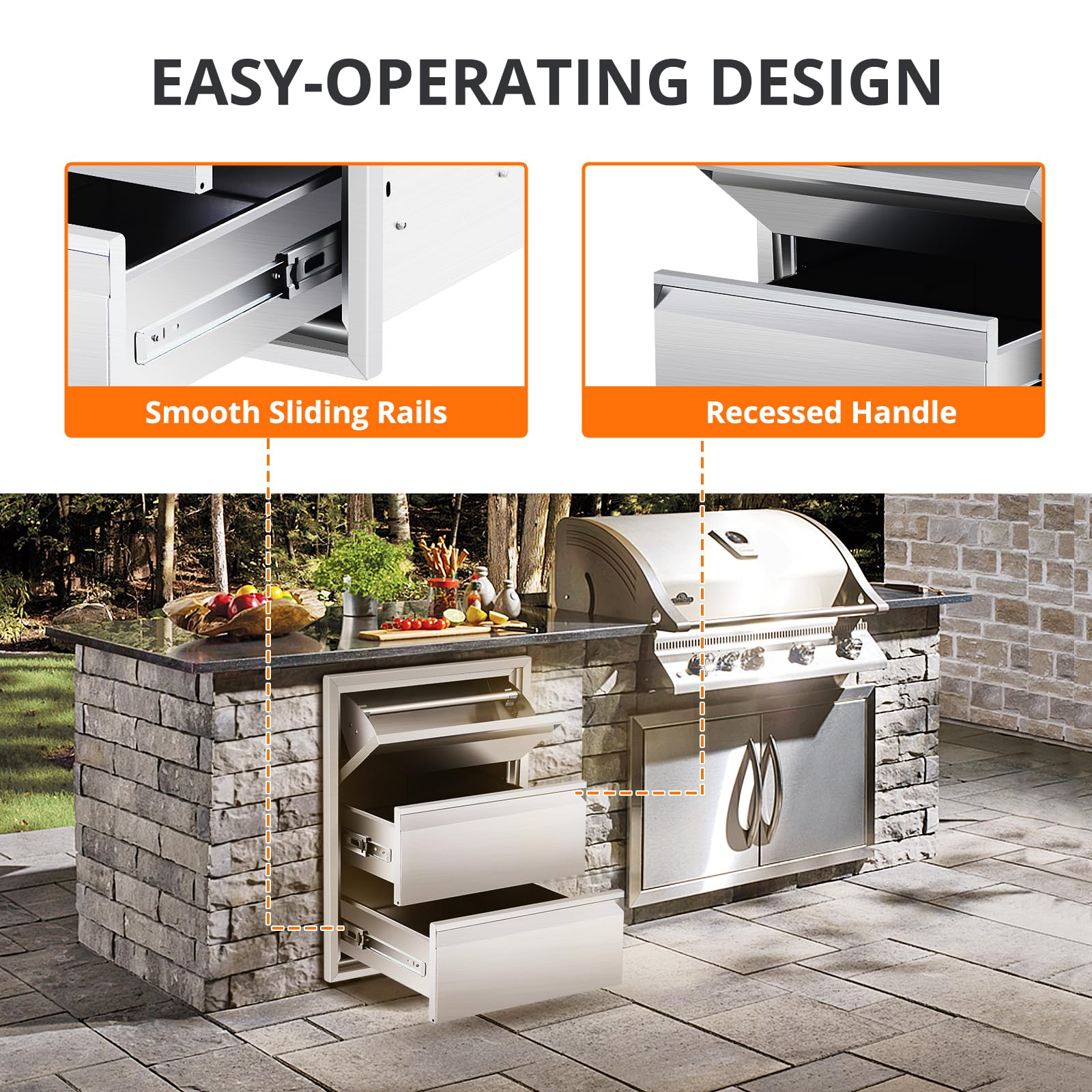 Cuisine d'extérieur Garvee en acier inoxydable – Station de grillades à 3 niveaux pour jardin et terrasse, construction robuste, idéale pour les amateurs de plein air