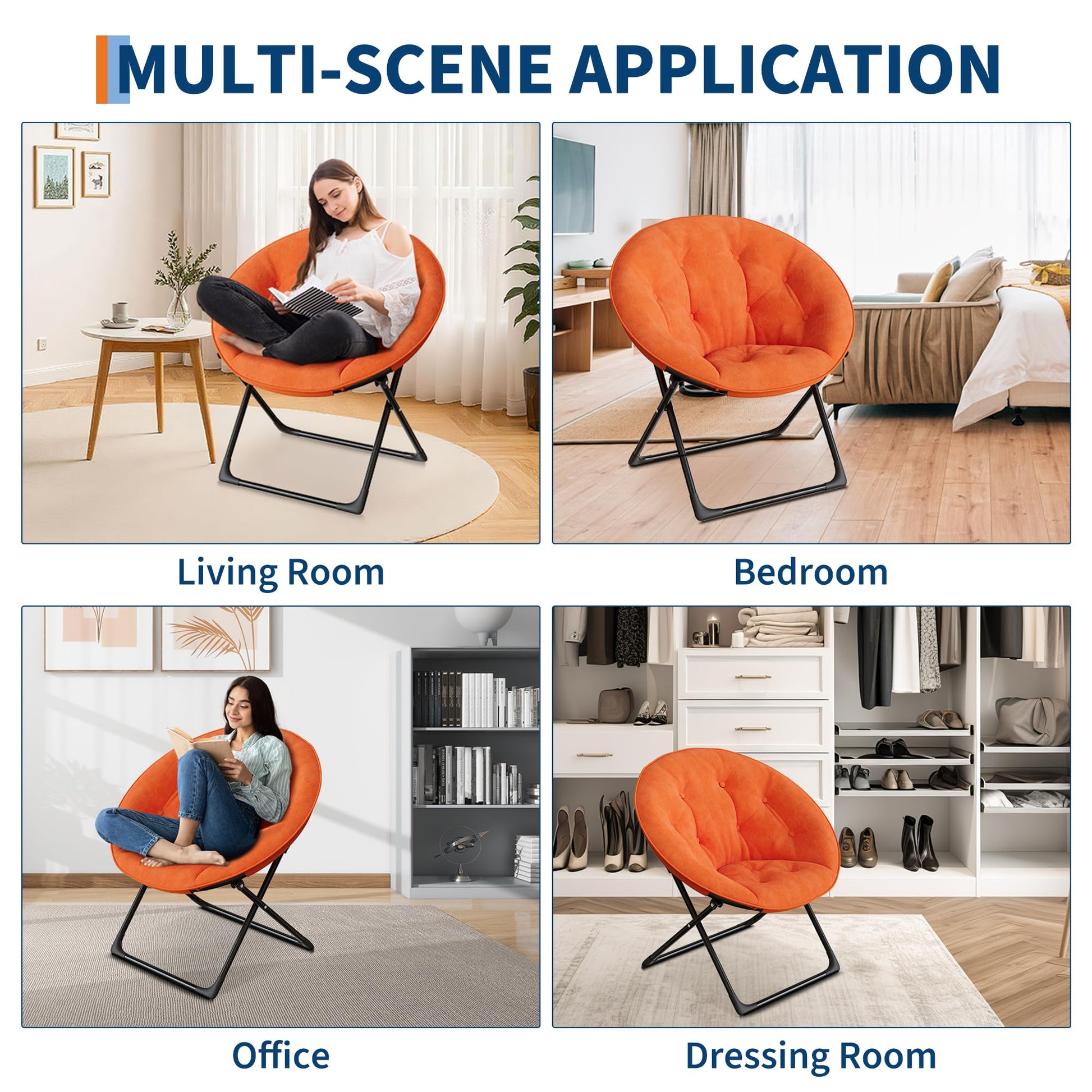 Fauteuil Garvee Saucer Lounge Chair avec structure en métal doré, revêtement surdimensionné en fausse fourrure, pliable, confortable, orange pour chambre et salon