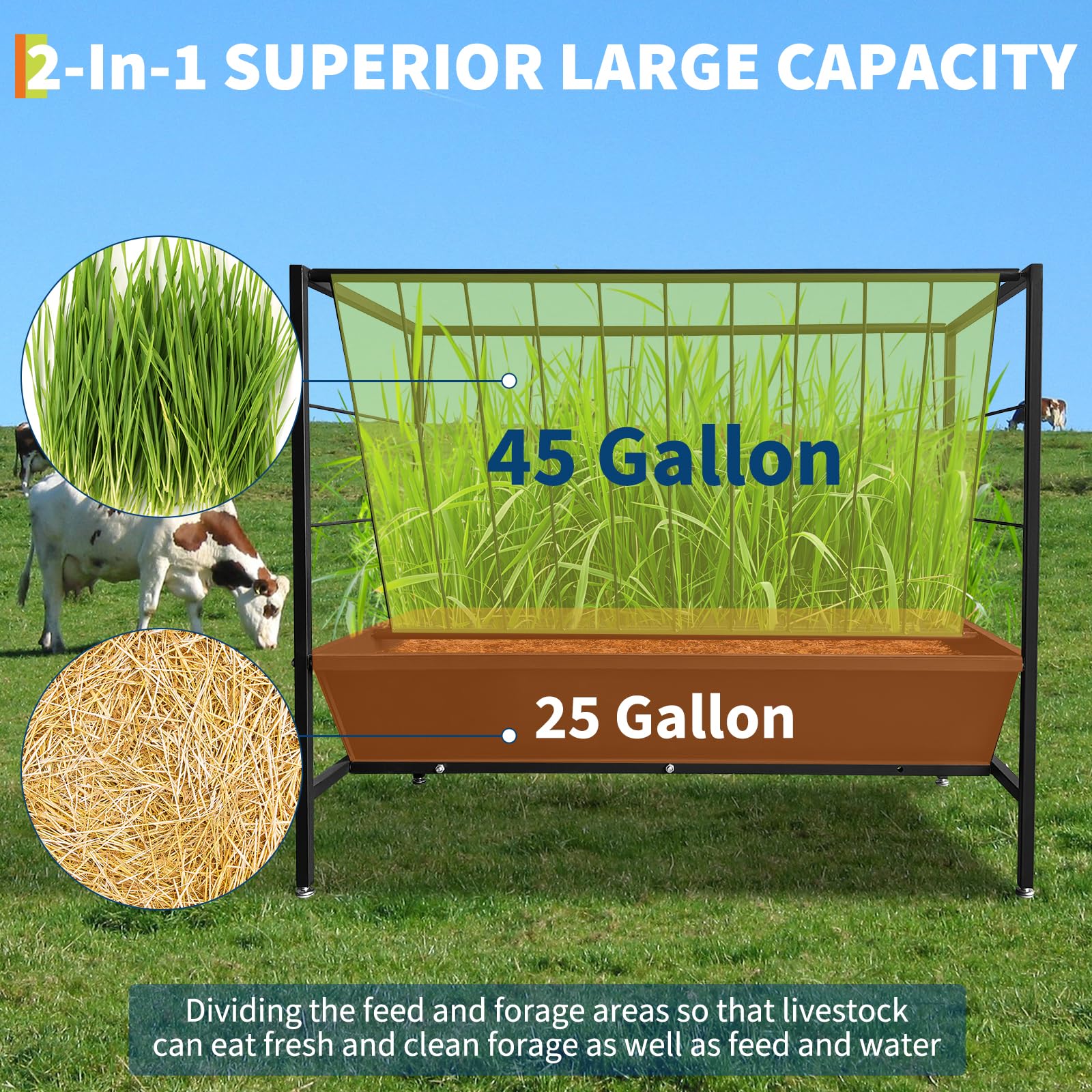 Mangeoire à foin Garvee Pasture de 45 gallons en acier robuste 2 en 1 avec râtelier à foin pour chevaux et moutons, usage extérieur et intérieur, noir