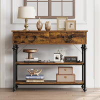 Console Garvee pour entrée, étroite, avec 2 tiroirs, grande étagère, structure en métal, marron rustique, salon, entrée