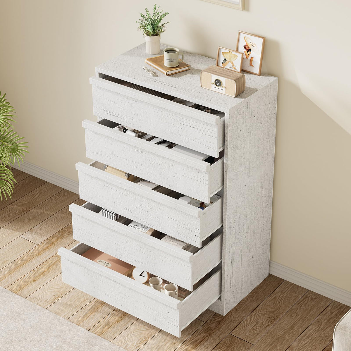 Commode Garvee à 5 tiroirs pour chambre à coucher, grand espace de rangement, design moderne, bois, robuste, blanc antique, polyvalente, convient au salon et à la chambre d'enfant.