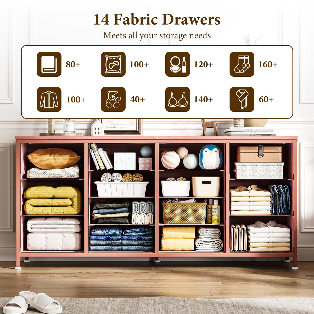 Garvee Meuble TV 63 po (160 cm) de large pour téléviseurs de 65 à 75 po (165 à 190 cm), 14 tiroirs, plateau en tissu et bois, protection anti-basculement, pour chambre et salon, durable et sûr