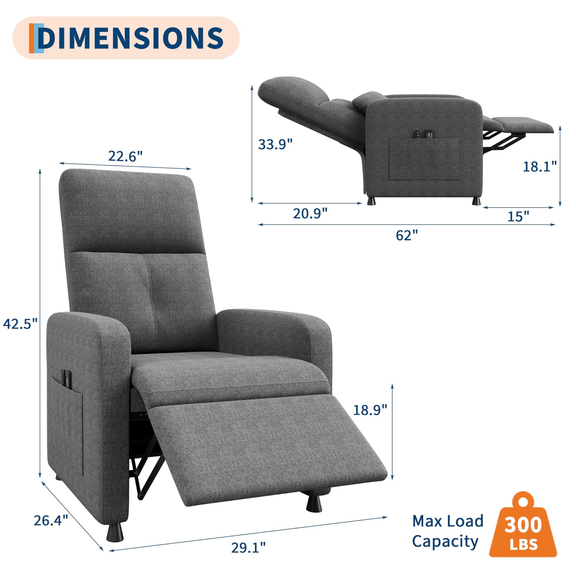 Garvee Fauteuil Inclinable Électrique avec Massage et Chauffage, Repose-pieds, Tissu Épais, pour Salon et Chambre, Inclinaison 105°-165°, Gris