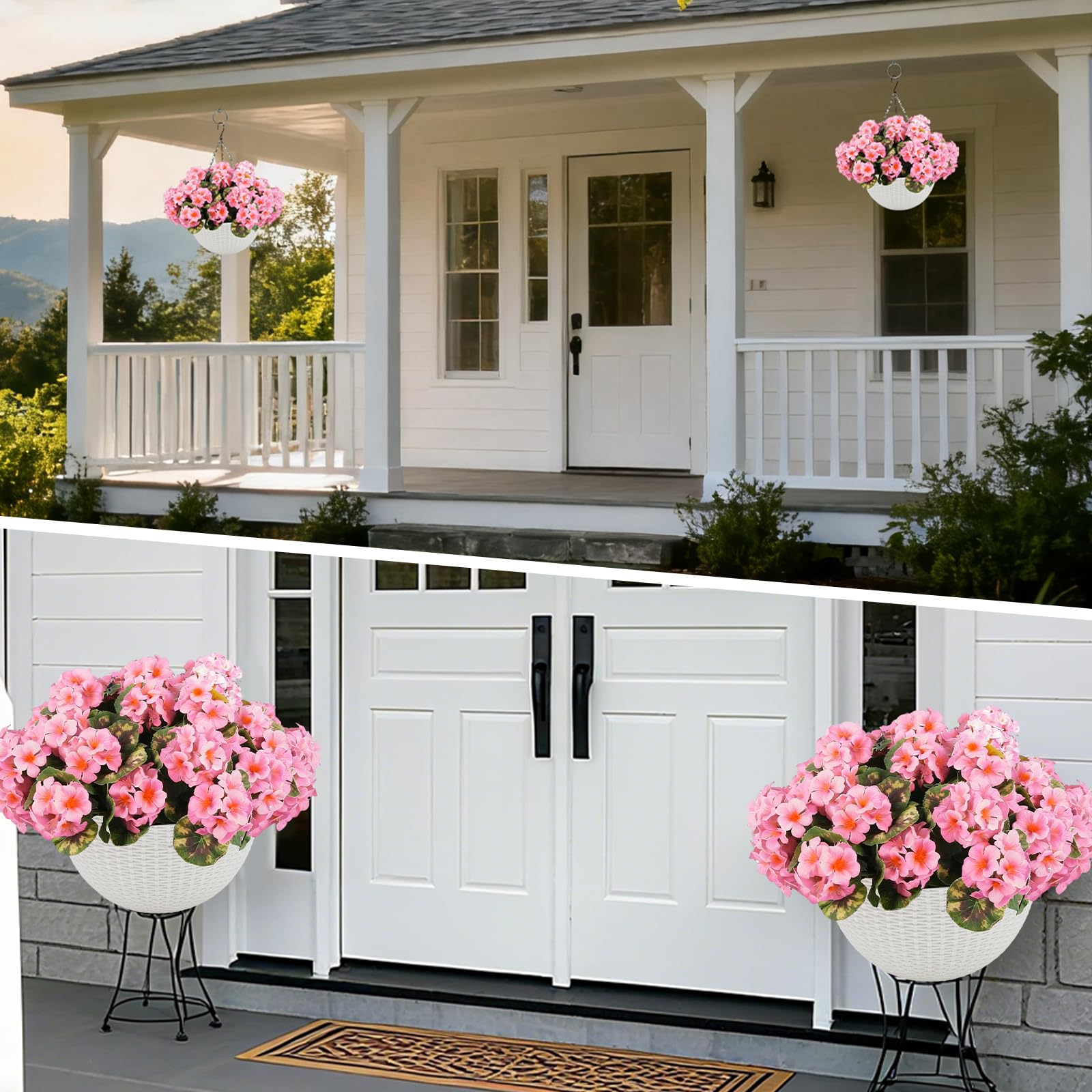 Garvee Lot de 2 géraniums artificiels avec 12 fleurs roses, résistants aux intempéries, panier blanc, à suspendre pour la décoration du jardin et de la terrasse