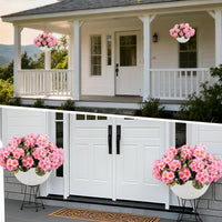 Garvee Lot de 2 géraniums artificiels avec 12 fleurs roses, résistants aux intempéries, panier blanc, à suspendre pour la décoration du jardin et de la terrasse