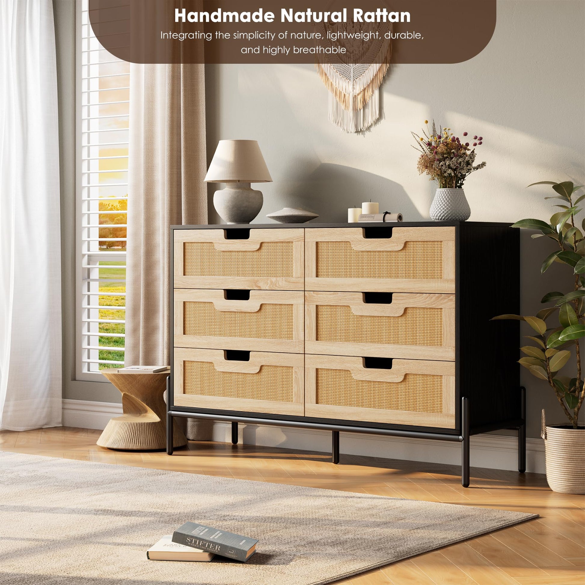 Garvee commode en rotin naturel à 6 tiroirs, pieds en bois et métal, idéale pour la chambre et le salon, imperméable et résistante