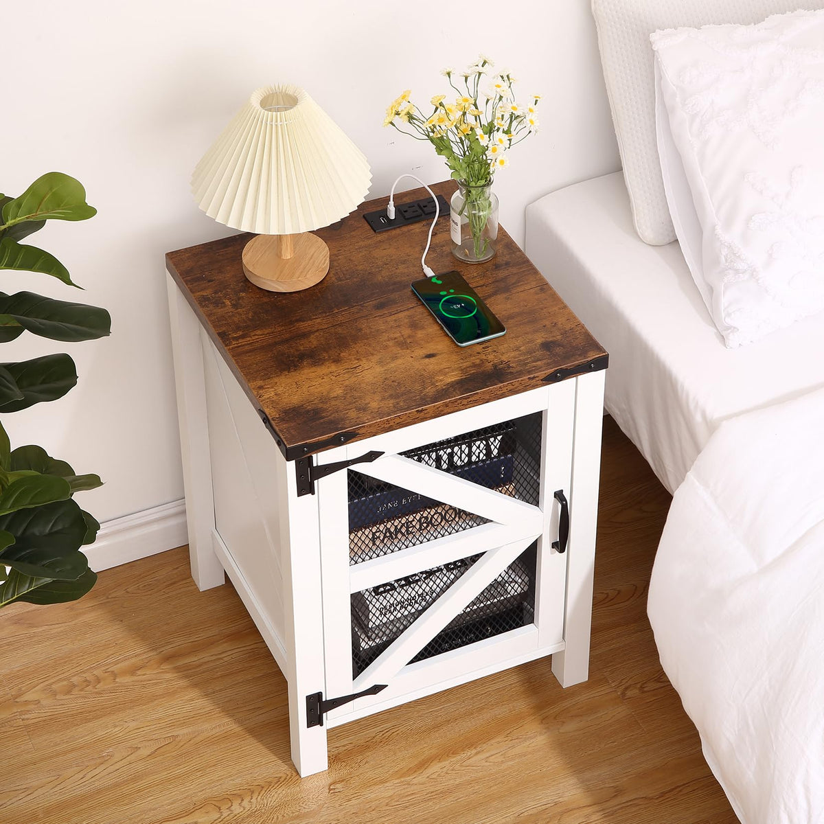 Garvee table de chevet style campagne avec chargeur intégré, plateau de 46 cm, 2 ports USB, 2 prises de courant, bois, étagères réglables, chambre, salon
