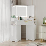 Garvee Coiffeuse d'angle avec miroir et lumières, 3 tiroirs, bois blanc, station de charge intégrée, chambre à coucher, rangement spacieux - Blanc