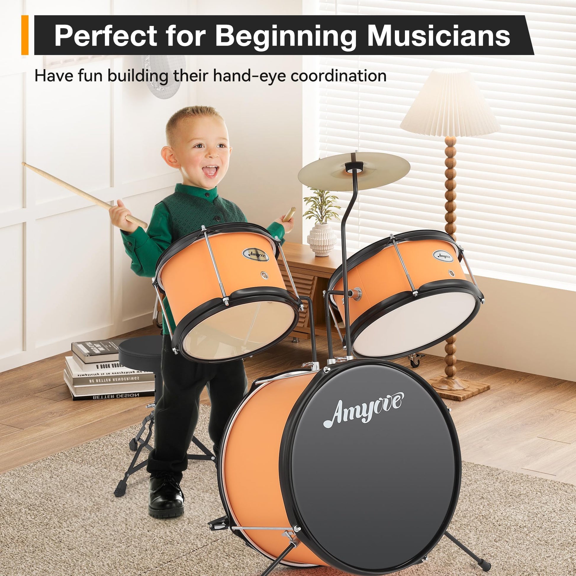 Batterie Garvee 3 pièces pour enfants avec cymbales et pédale de grosse caisse, pour garçons et filles, hauteur 74 cm, jaune