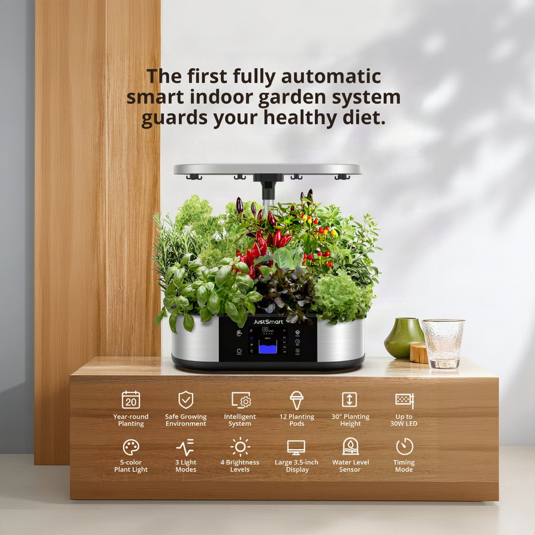 Garvee système de culture hydroponique, jardin intelligent WiFi avec 12 modules, lampe LED 30 w, pour les herbes aromatiques en intérieur, hauteur réglable de 76 cm