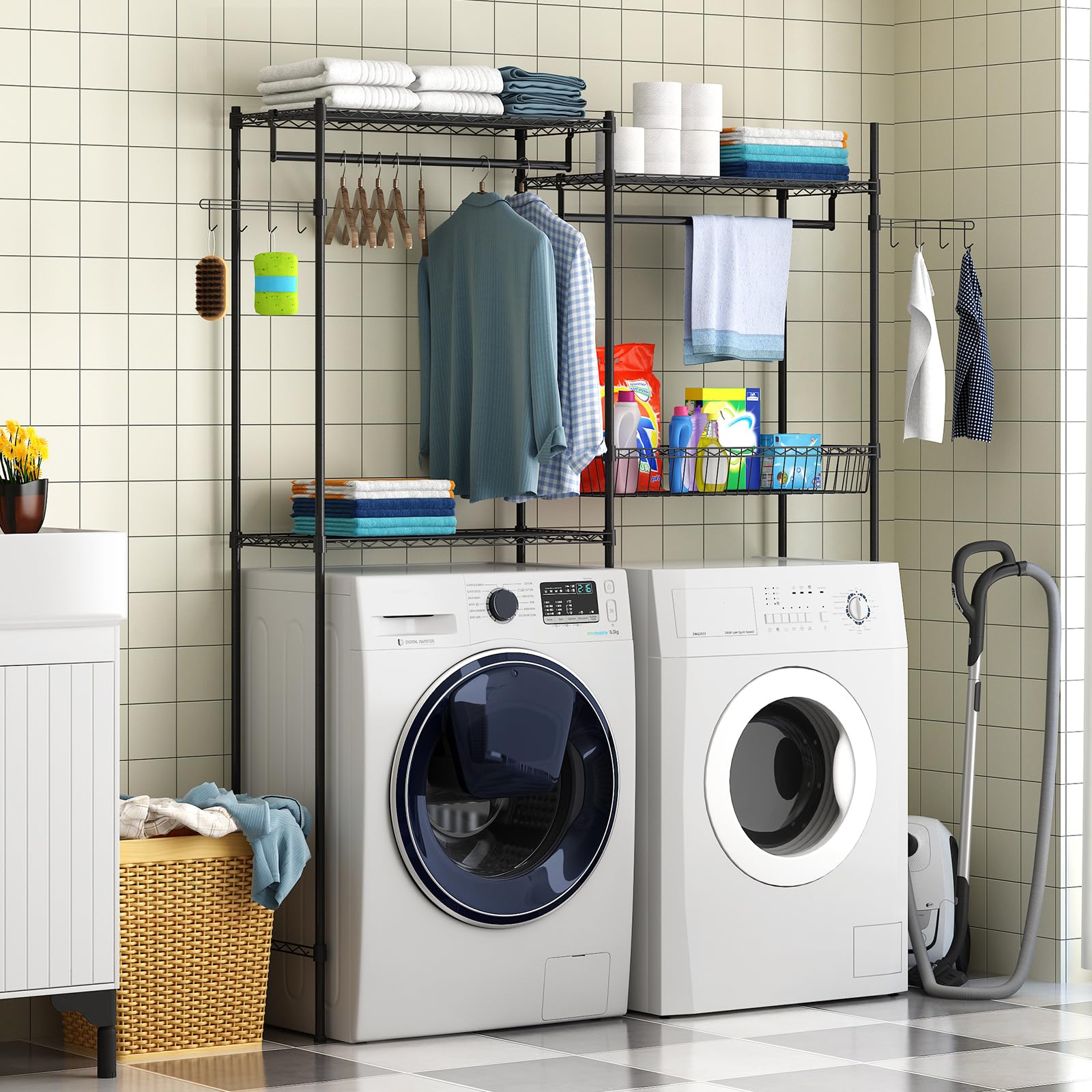 Étagère Garvee pour lave-linge et sèche-linge, réglable en hauteur, en acier noir avec panier à linge pour buanderie, largeur 146 cm (57,4 po)