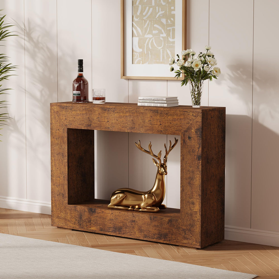 Console Garvee style ferme, 119 cm (47 pouces), style rustique vintage, étagères ouvertes, bois haute densité résistant aux rayures, idéale pour un couloir ou un salon, couleur marron.