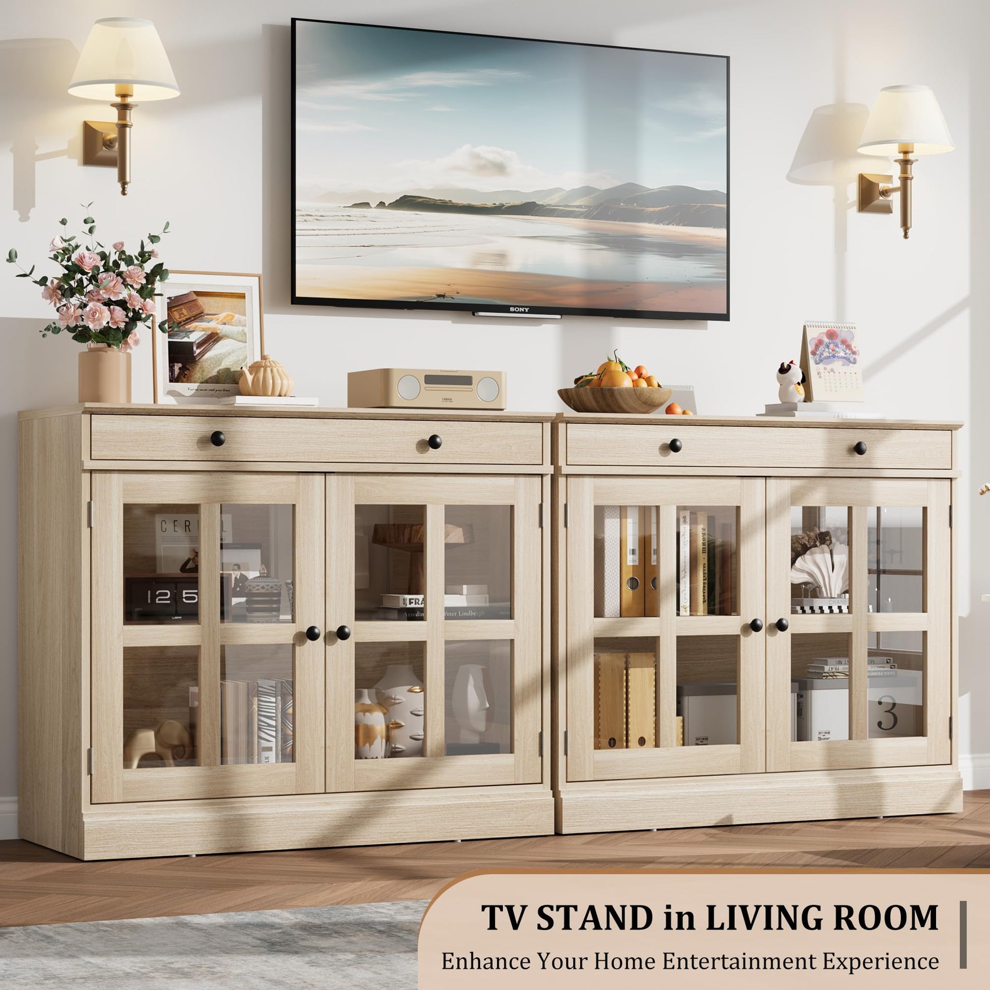 Buffet Garvee 90 cm avec porte vitrée, étagères réglables, fermeture amortie, chêne, salle à manger et cuisine, construction robuste, montage facile