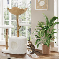Arbre à chat Garvee 43'' en bois naturel avec panier en rotin pour salon, stable pour les grands chats, design moderne, peluche douce
