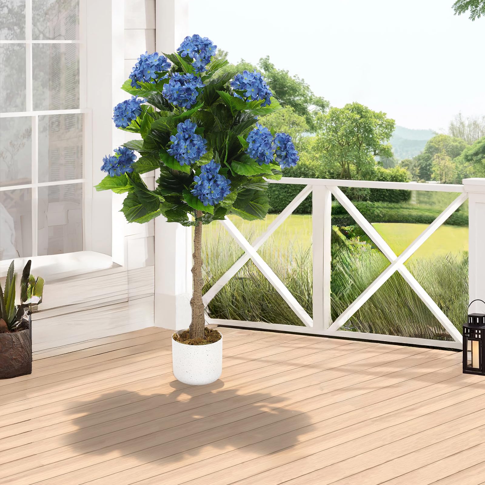 Hortensia artificiel Garvee de 95 cm avec 9 fleurs bleues, feuilles en polyester résistant, pot noir pour la décoration de la maison et du bureau