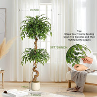 Ficus artificiel Garvee de 1,5 m avec tronc courbé, plus de 1134 feuilles en soie, pot blanc pour bureau et salon