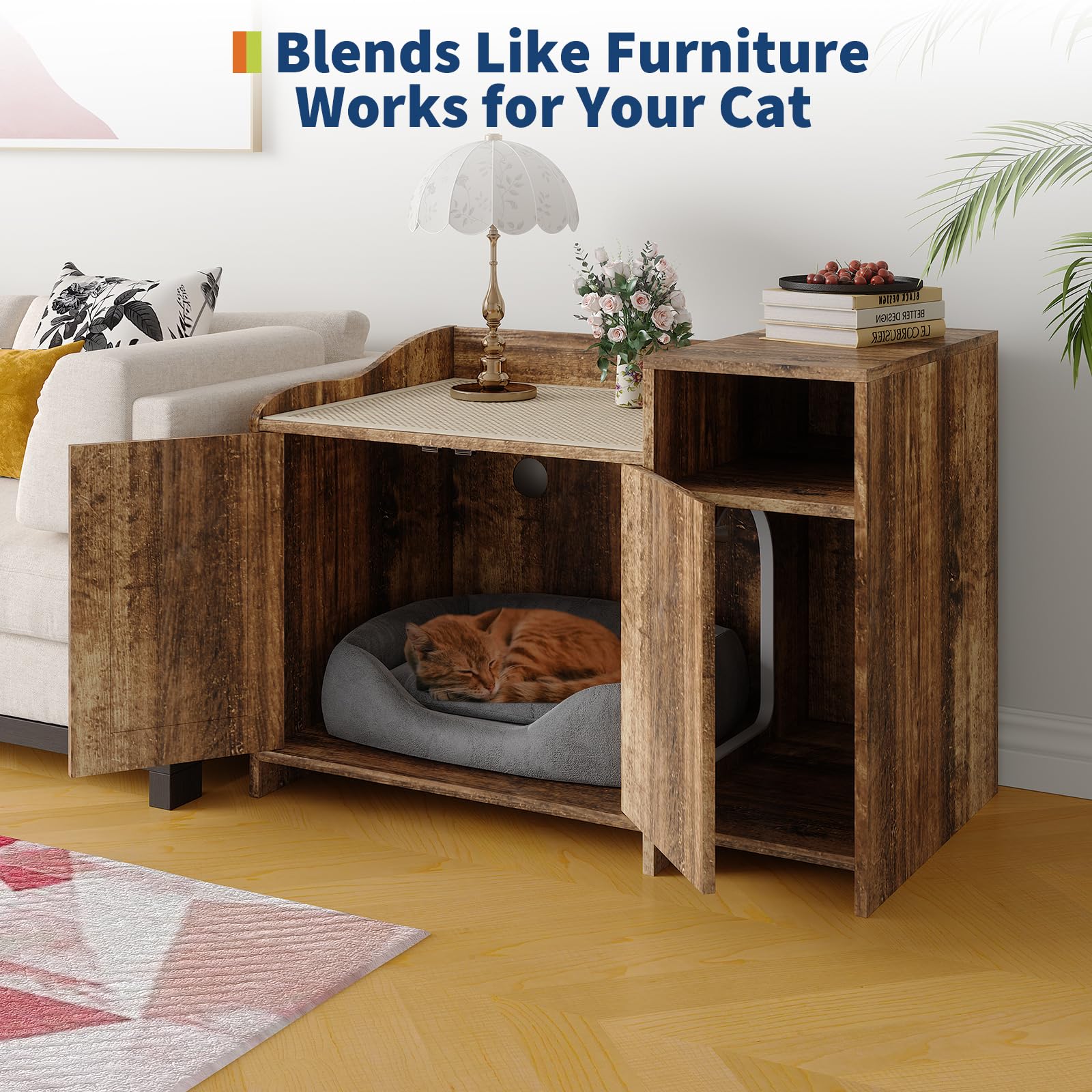 Bac à litière Garvee avec espace de rangement et porte de grange en bois rustique pour salon et chambre