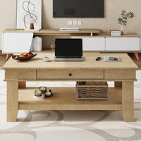Table basse Garvee grand format avec tiroir, pieds en L, bois, 120 cm de long, salon, étagère ouverte, rangement