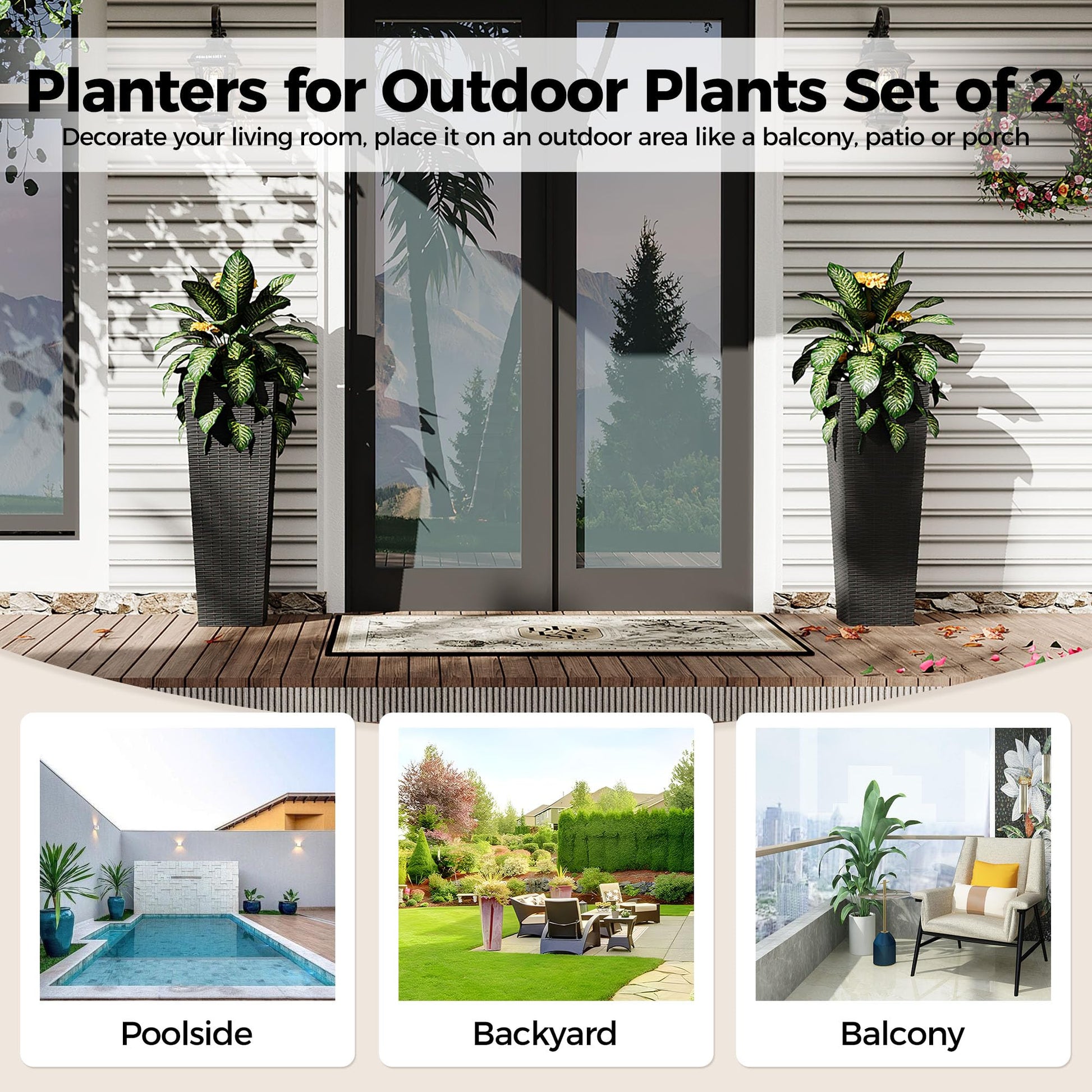 Garvee Lot de 2 jardinières hautes de 81 cm (32 pouces), résistantes aux intempéries, en résine PP, design moderne en rotin, noires, pour jardin et terrasse.