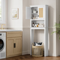 Meuble de rangement Garvee à suspendre au-dessus des toilettes, portes en rotin, étagère réglable, bois, blanc, pour salle de bain et buanderie