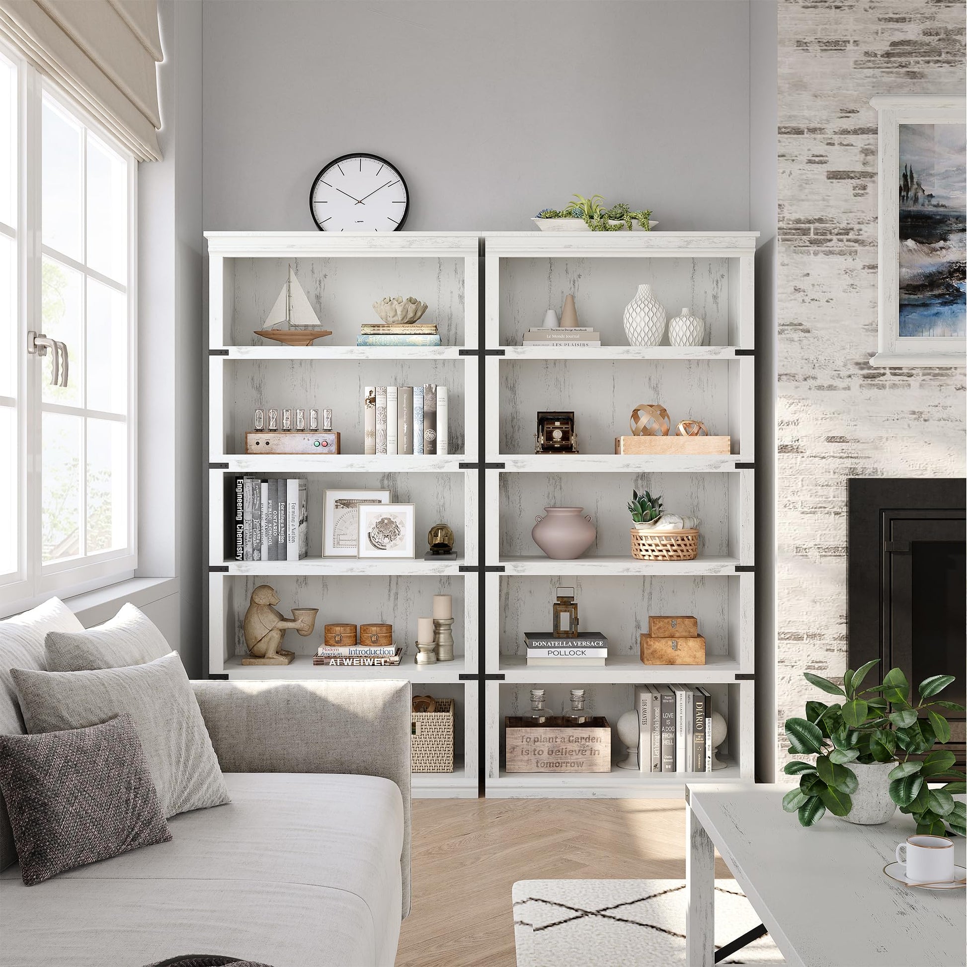Garvee bibliothèque haute 80 × 32 × 171 cm, 5 niveaux ouverts, finition blanche, style campagne