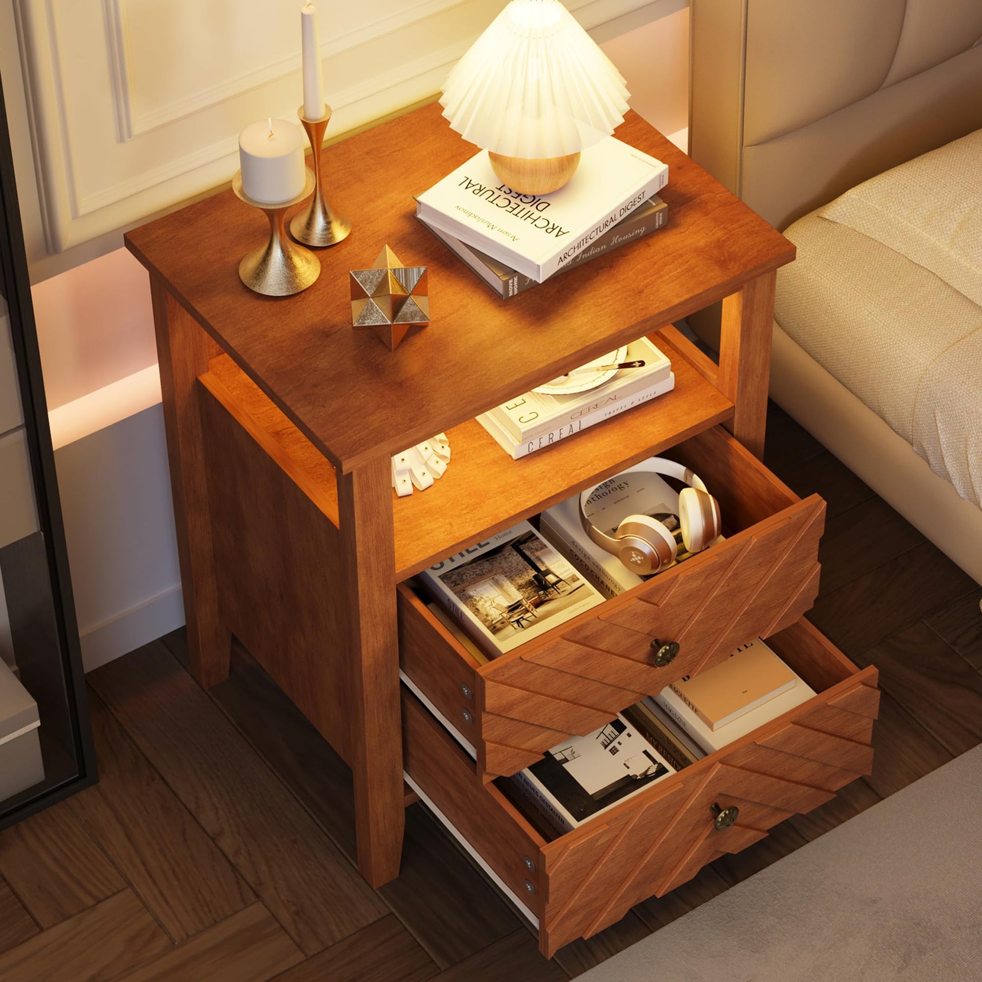 Table de chevet Garvee LED avec 2 tiroirs, éclairage RGB, design en V, bois, style rustique, marron, pour chambre et salon