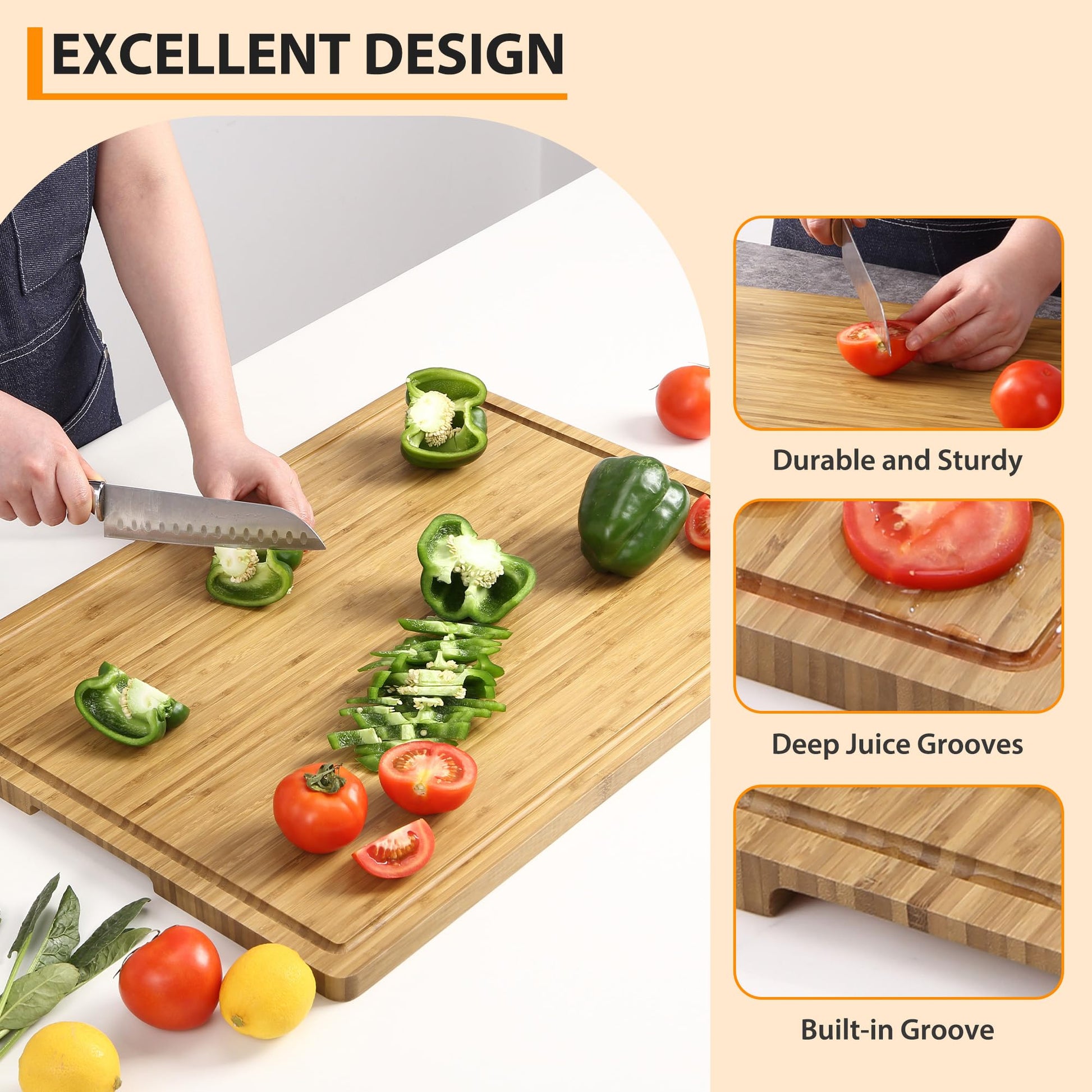 Planche à découper extra large Garvee en bambou (61 x 46 cm) avec rigole à jus et poignées, idéale pour la cuisine et la viande. Bois robuste, double face, 2 cm d'épaisseur.