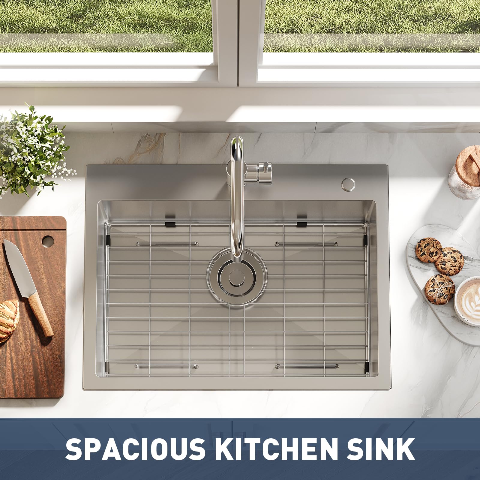 Garvee Évier de cuisine encastrable 61 x 46 x 23 cm en acier inoxydable, argenté, avec robinet extractible et accessoires pour cuisine moderne