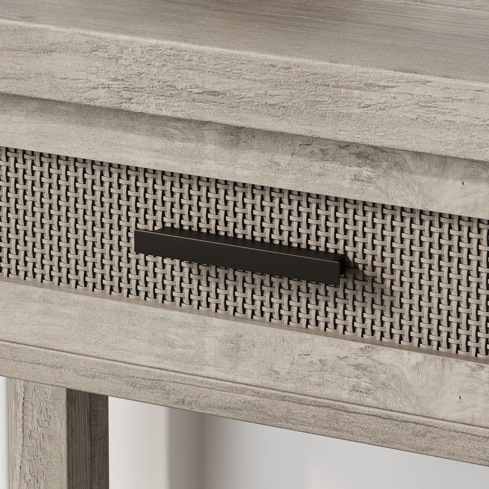 Console Garvee style ferme avec paniers en rotin, 109 cm, grise, idéale pour le salon et le couloir.