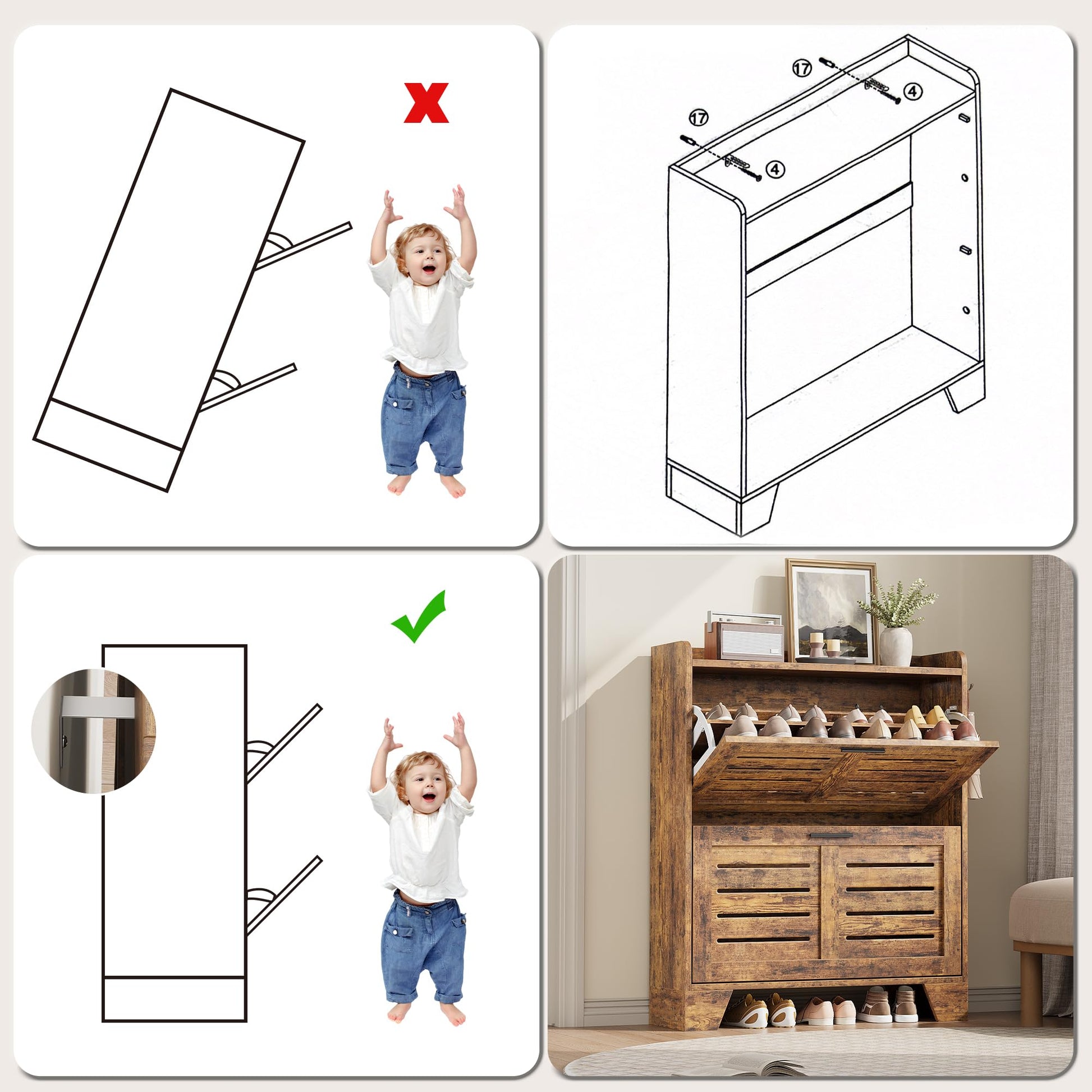 Meuble à chaussures Garvee pour entrée avec 2 tiroirs abattants, organisateur de chaussures étroit en bois P2, ventilé, résistant aux rayures, avec crochets pour entrée et garage, 35 cm, couleur bois