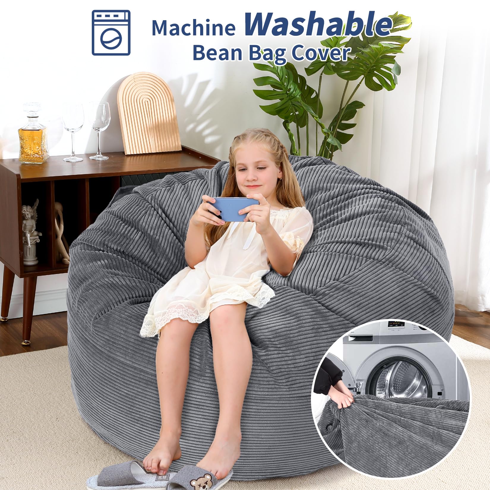 Pouf géant Garvee pour adultes, convertible en lit pouf 2 en 1, housse en velours côtelé lavable, gris clair, pour salon et chambre.