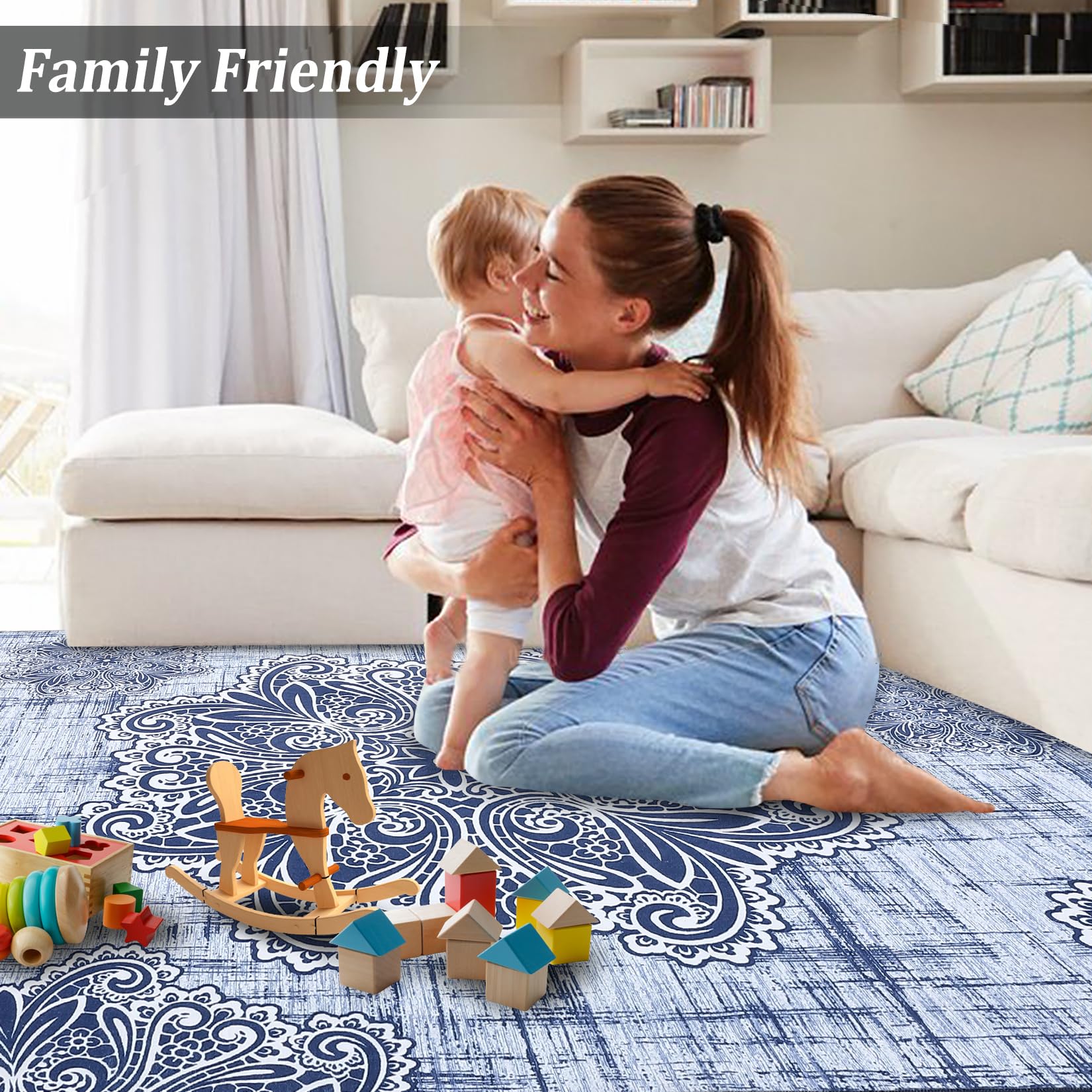 Tapis lavables Garvee, doux et antidérapants, pour salon, chambre et salle à manger, 80 x 150 cm, bleu