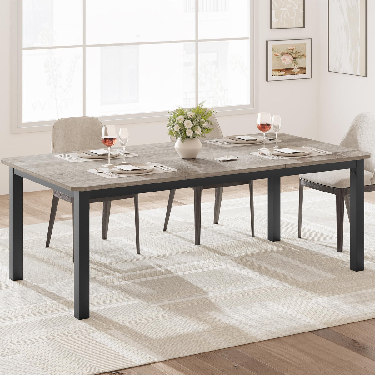 Table de salle à manger Garvee de 200 cm de long pour 6 à 8 personnes, style industriel, design biseauté, MDF et métal, largeur 10 cm, marron