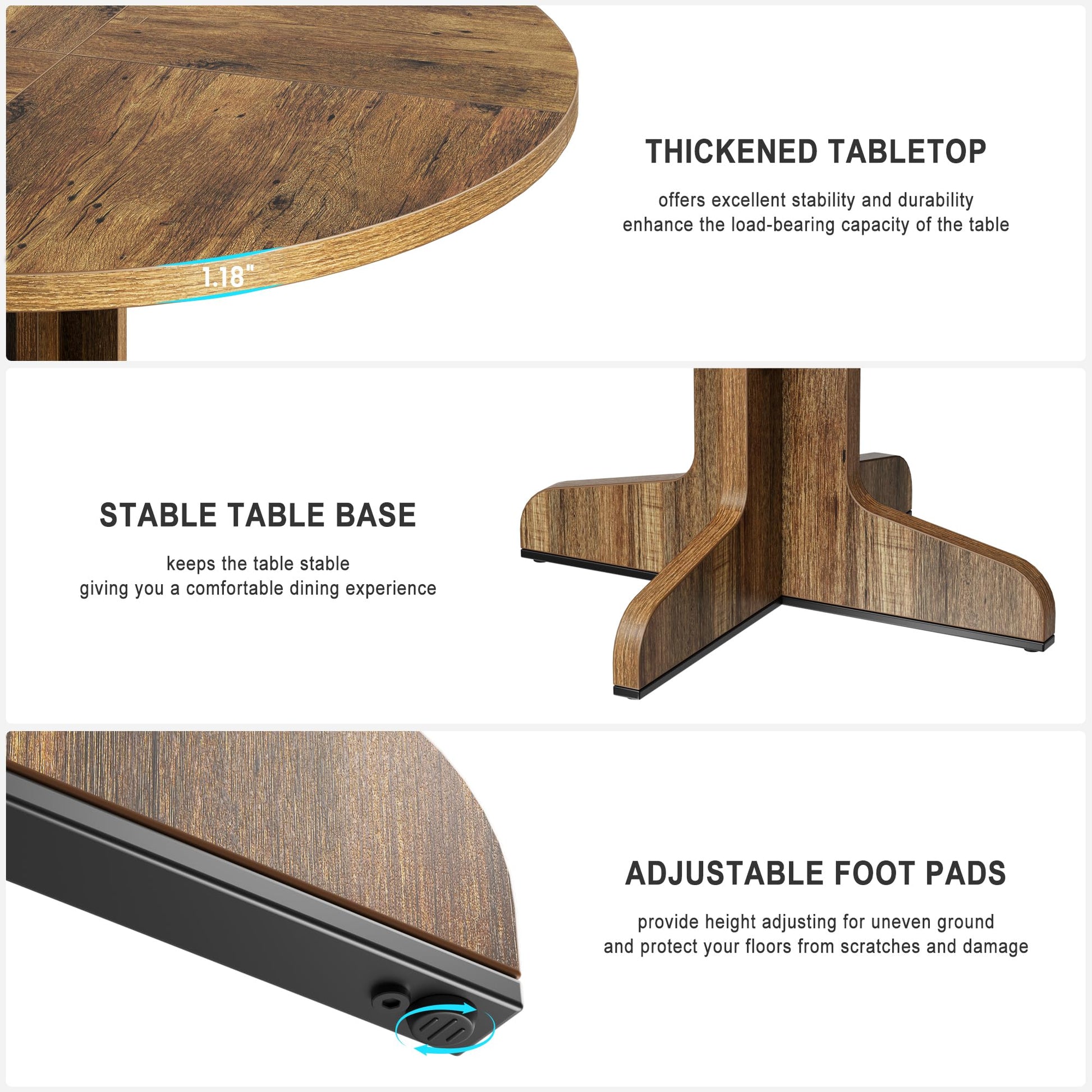 Garvee Table à manger ronde en bois 119 cm pour 4 à 6 personnes, structure robuste, pieds réglables, finition noire élégante, cuisine et salon