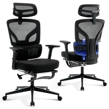 Chaise de bureau ergonomique Garvee en maille avec repose-pieds et soutien lombaire réglables, idéale pour le bureau et le télétravail. Dossier haut, structure en métal, noire.