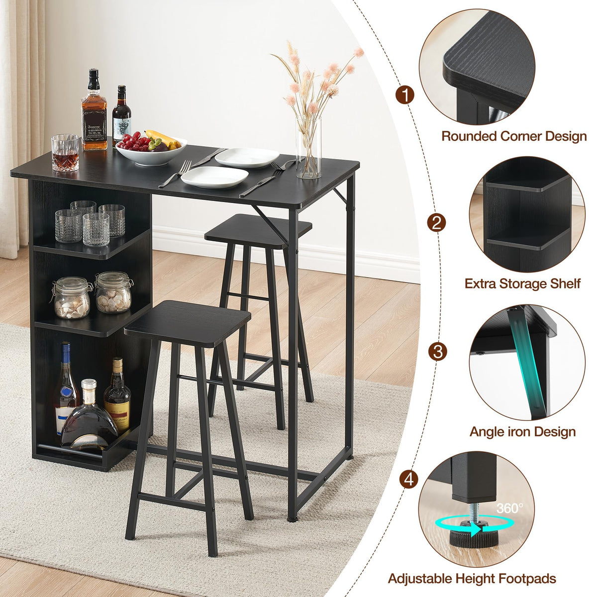 Ensemble table et chaises de salle à manger Garvee 36 po avec rangement, robuste et ergonomique, MDF et acier, noir, pour appartements et cuisines
