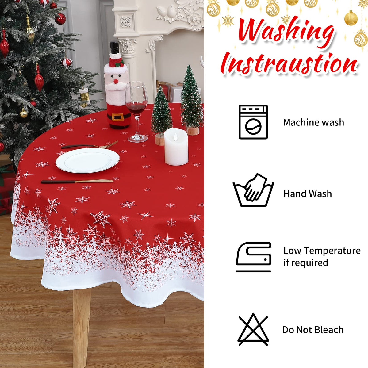 Garvee Nappe ronde Décoration de Noël Flocon de neige Imperméable Anti-taches Rouge 152 cm Salle à manger