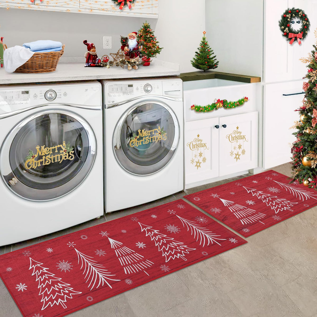 Ensemble de tapis de cuisine Garvee pour Noël, antidérapant, 2 pièces, 40 x 60 cm + 40 x 120 cm, Joyeux Noël, rouge et vert