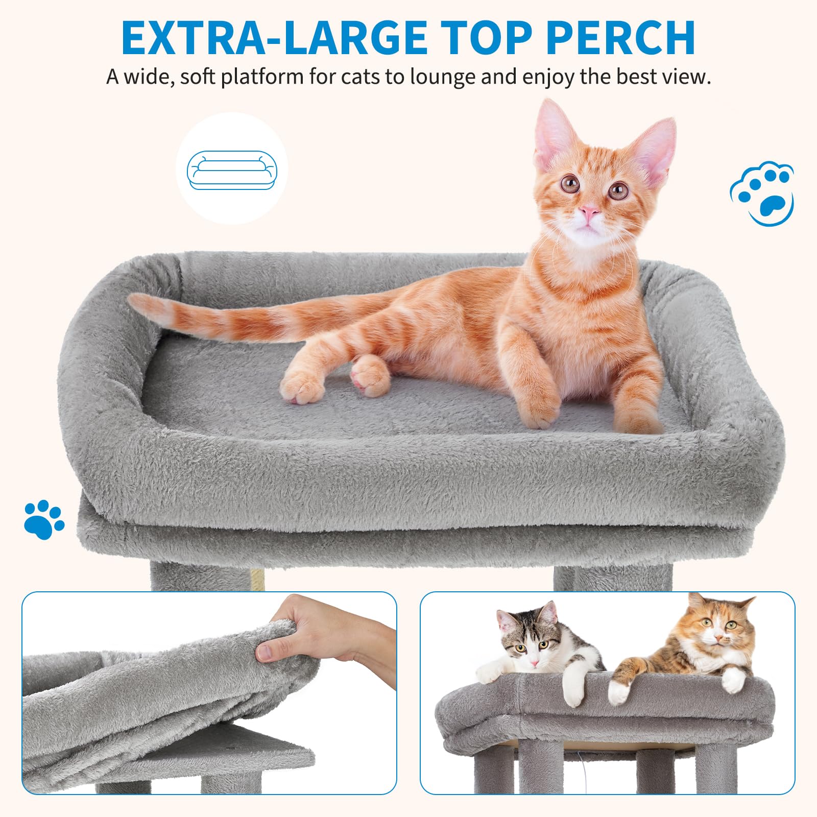 Garvee Arbre à Chat 155 cm Multi-Niveaux pour Grands Chats, Tour Résistante avec Grande Plateforme, Gris Clair