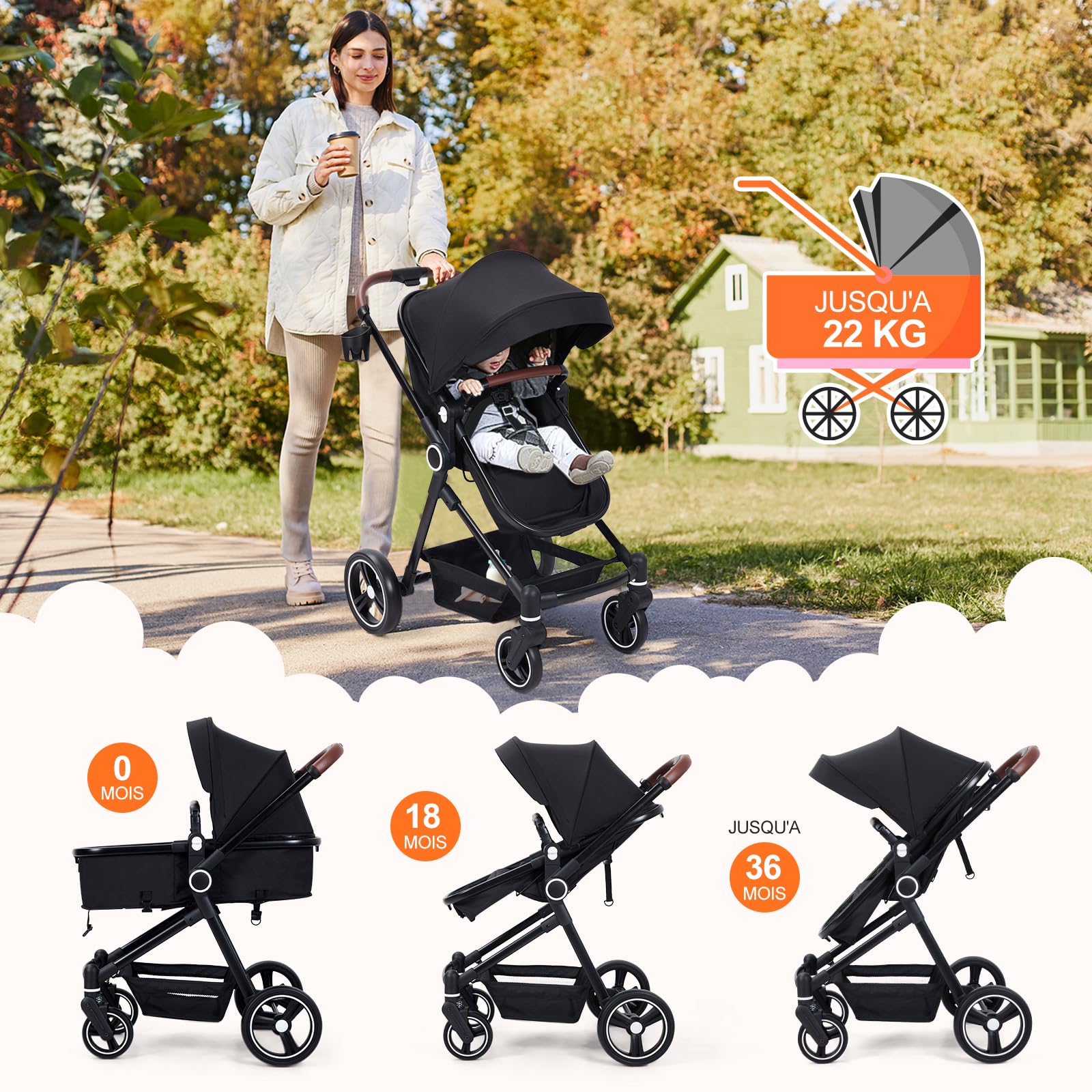 Garvee Poussette Bébé 2 en 1 S600, Assise Haute Vision, Système de Voyage Compact et Léger, Réversible, Pliable, Noir