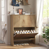 Garvee Armoire À Chaussures Slim Flûtée avec 2 Tiroirs Pivotants, Crochets Latéraux, Bois Naturel, Organisateur Moderne pour Entrée - Bois naturel