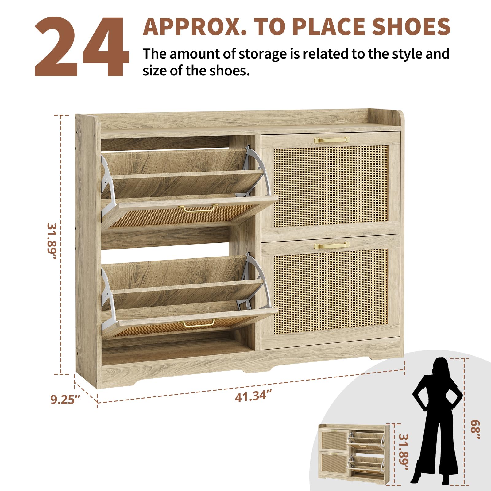 Meuble à chaussures Garvee en rotin avec 4 tiroirs abattants, idéal pour l'entrée ou le couloir. Fabriqué en MDF, il est stable, peu encombrant et respirant.