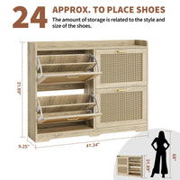 Meuble à chaussures Garvee en rotin avec 4 tiroirs abattants, idéal pour l'entrée ou le couloir. Fabriqué en MDF, il est stable, peu encombrant et respirant.